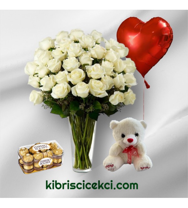 Vazoda 41 Beyaz Gül Ayıcık 16'lı Ferrero Çikolata Kalp Helyum Balon Vazoda 41 Beyaz Gül Ayıcık 16'lı Ferrero Çikolata Kalp Helyum Balon